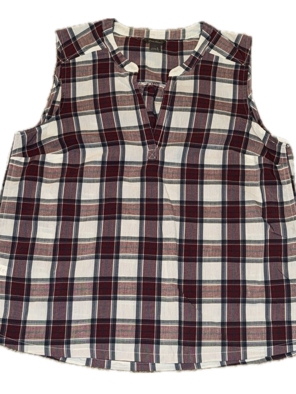 Eddie Bauer Plaid Split-Neck Top in Burgundy, Navy, and Cream